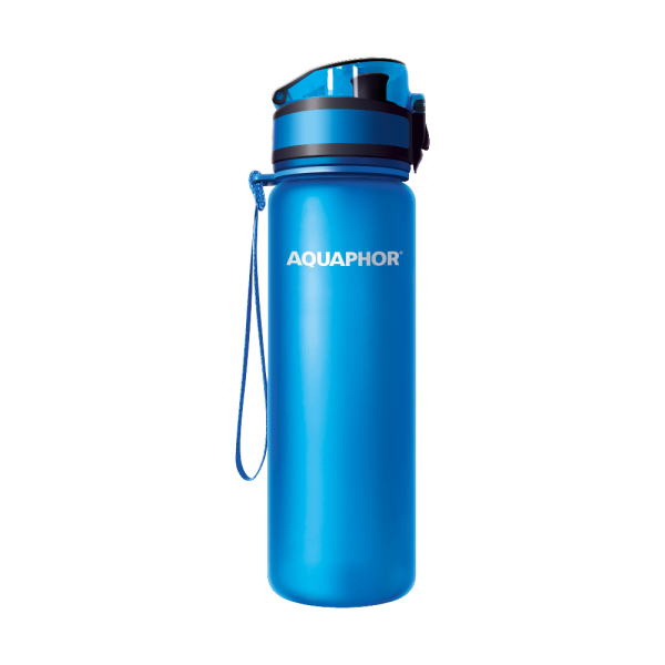AQUAPHOR Wasserfilter-Trinkflasche CITY Blau 0,5L mit Aktivkohle-Wasserfilter aus Kokosnussschalen für 150 Liter gefiltertes Trinkwasser