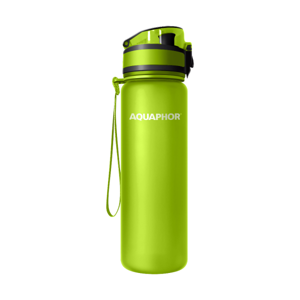 AQUAPHOR Wasserfilter-Trinkflasche CITY  Grün 0,5L mit Aktivkohle-Wasserfilter aus Kokosnussschalen für 150 Liter gefiltertes Trinkwasser