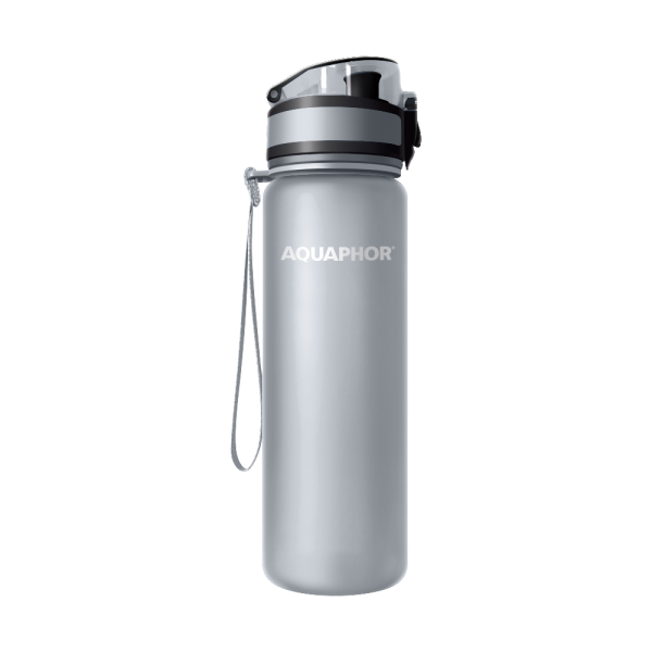 AQUAPHOR Wasserfilter-Trinkflasche CITY Grau 0,5L mit Aktivkohle-Wasserfilter aus Kokosnussschalen für 150 Liter gefiltertes Trinkwasser