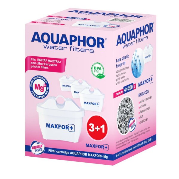 AQUAPHOR MAXPHOR+ MG Filterkartusche Trinkwasserfilter 4er Pack mit AQUALEN und Magnesium + für Tischwasserfilter