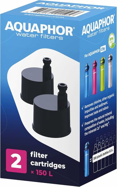 AQUAPHOR CITY Aktivkohle-Wasserfilter für CITY Wasserfilter-Trinkflaschen 2 Stück für 2  x 150 LIter gefiltertes Wasser