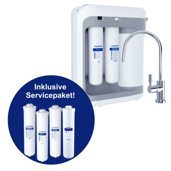 AQUAPHOR RO-202S Umkehrosmoseanlage - Reverse Osmosis System für 380 Liter am Tag mit Keimsperre und Mineralisierung - 5 Liter Wasserspeicher und 1 Wege Entnahmehahn inkl. volles Servicepaket