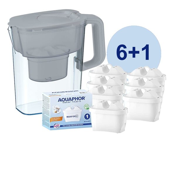 Tischwasserfilter AQUAPHOR COMPACT grau 2,4l Trinkwasserfilter mit 6+1 MAXPHOR+ Wasserfilter-Kartusche für 200 Liter gefiltertes Wasser