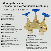 Aquintos Montageblock Anschlussarmatur inkl. Bypass- und Verschneideventil 1 Zoll IG x 1 Zoll AG